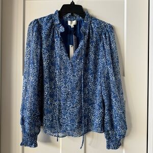 Blue & White & Metallic Floral Long Sleeve “Shirley Top” from Avara Boutique